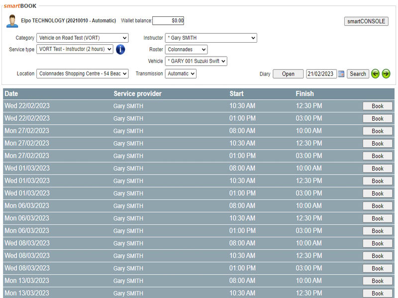 Booking diary screenshot