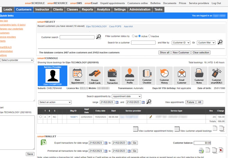 Customer and appointment dashboard screenshot